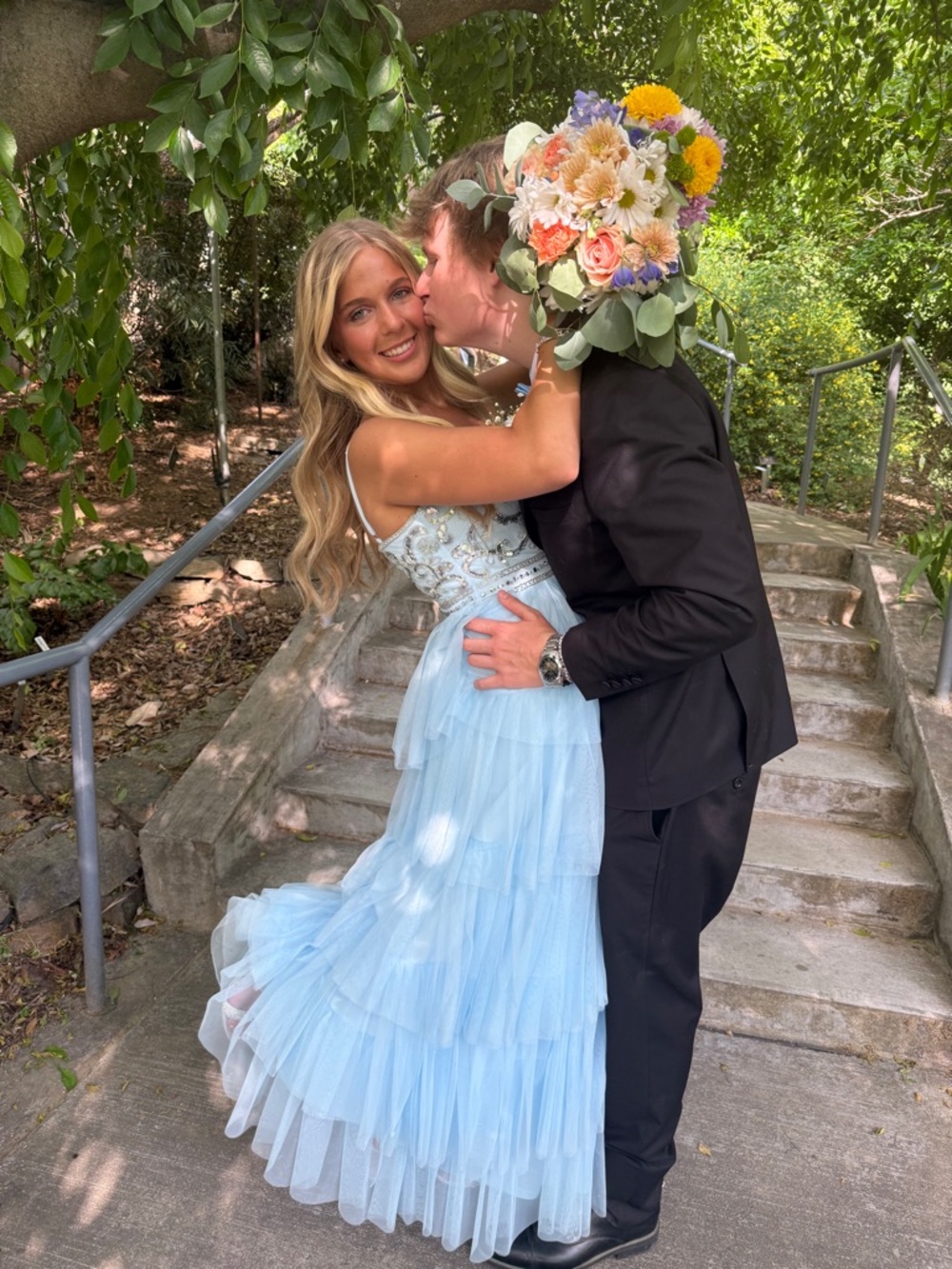 Light Blue Tiered Tulle Evening Gown